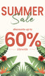 Vibrant summer sale banner featuring tropical leaves and flowers. Enjoy up to 60% off.