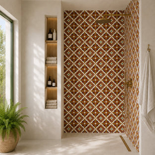 A modern bathroom shower area featuring a wall and floor covered in brown terracotta tiles with a cream geometric lattice pattern and small green floral accents. The room has warm off-white walls, built-in shelves with folded towels and toiletries, a brass shower head, and a potted fern in the foreground.
