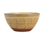 A handmade ceramic bowl with a speckled pattern, featuring a textured beige and brown glazed exterior, a solid terracotta base, and a smooth gold-toned rim, shown on a plain white background.
