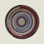 Round braided rug with concentric color patterns on a beige background