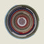 Round braided rug with multicolored concentric circles on a beige background