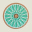 Round coaster with teal and white design on a beige background