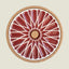 Round ceramic plate with red geometric design on a beige background