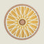 Round coaster with yellow sunburst design and cork back on a beige background