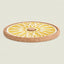 A round cork trivet or coaster with a yellow and white geometric pattern, shown on a light beige background.