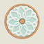 A round cork coaster with a light blue and white embossed floral mandala design, shown on a solid light beige background.