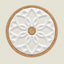 A round white decorative tile or coaster with a raised floral mandala pattern and a natural cork border, centered on a light beige background.