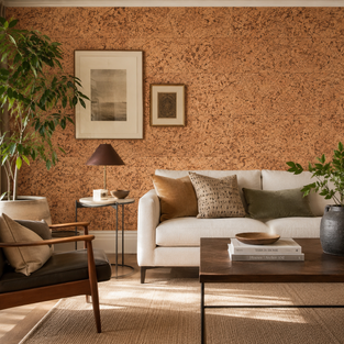 A styled living room interior featuring a white sofa with brown and olive green pillows, a dark wood coffee table, a mid-century armchair, and a textured cork wall backdrop.