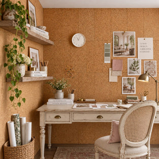 A styled home office corner with cork-look wall panels in warm tan and brown tones, a white writing desk, a cane-back chair, floating shelves with books and plants, and pinned decor on the wall.