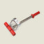 A metal and red plastic tool with a long silver handle and red end pieces, photographed on a plain light beige background.