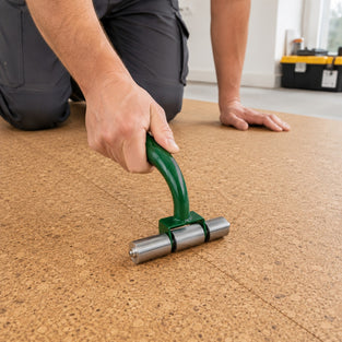 A person kneels on a cork floor while using a green and silver floor roller tool to flatten the cork tiles.