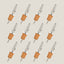 Twelve metal and cork oil drizzlers arranged in a grid on a light beige background.