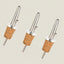 Three stainless steel pour spouts with cork collars, arranged diagonally on a light beige background.