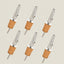 Six metal and cork oil pourers arranged diagonally on a light beige background.