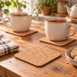 Two beige speckled ceramic mugs sit on cork coasters on a wooden table, with a folded striped cloth and a bowl of cookies nearby. The background shows a softly blurred kitchen scene with plants and teapots.